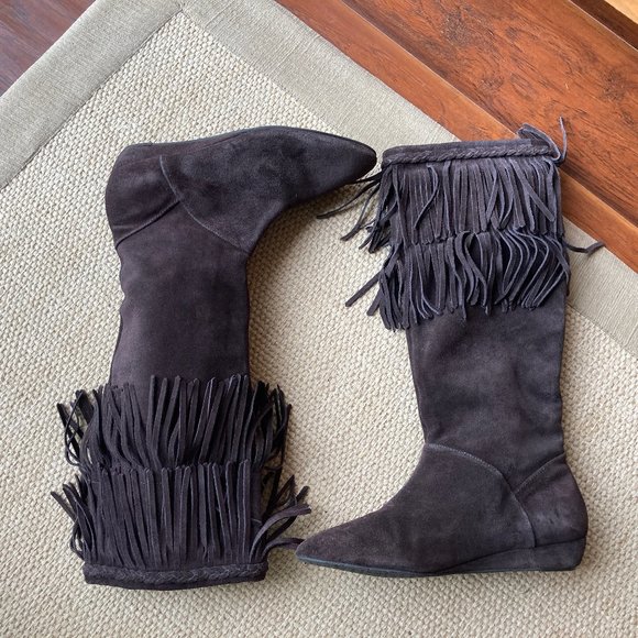 Giani Bini Dark Brown Suede Leather  Fringed Wedge Mid Calf Boot 8.5M - Picture 2 of 12